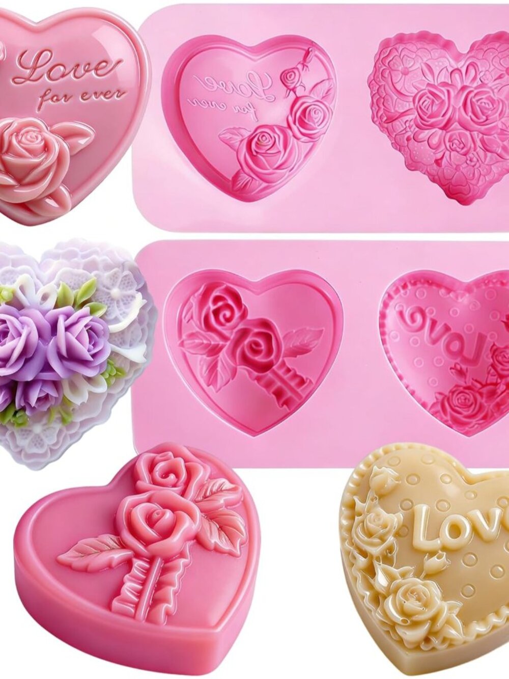 Silicone Heart Molds, 4 Types 3D Heart Shaped Soap Molds Love Chocolate Molds Si